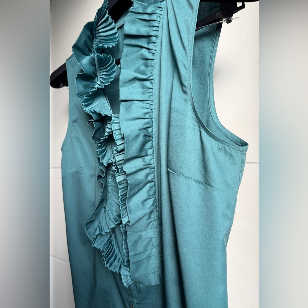 Ann Taylor Teal Ruffle Front Sleeveless Blouse w/Silk Collar 18